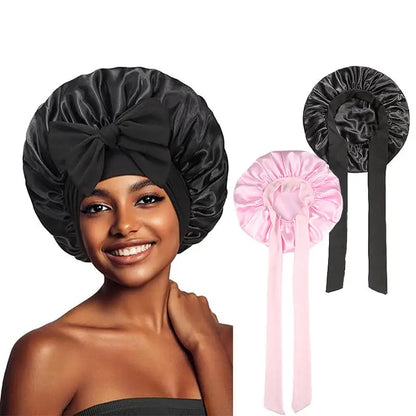 New Elegant Satin Lined Bonnet Double Layered Ribbon Round Hat Wide Brimmed Bath Hat Black Sleep Cap for Women Curly Hair