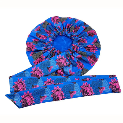 Elastic Band Large Satin Bonnet Sleeping Cap Women African Pattern Ankara Print Hat Adjustable Night Sleep Cap Soft Headcover