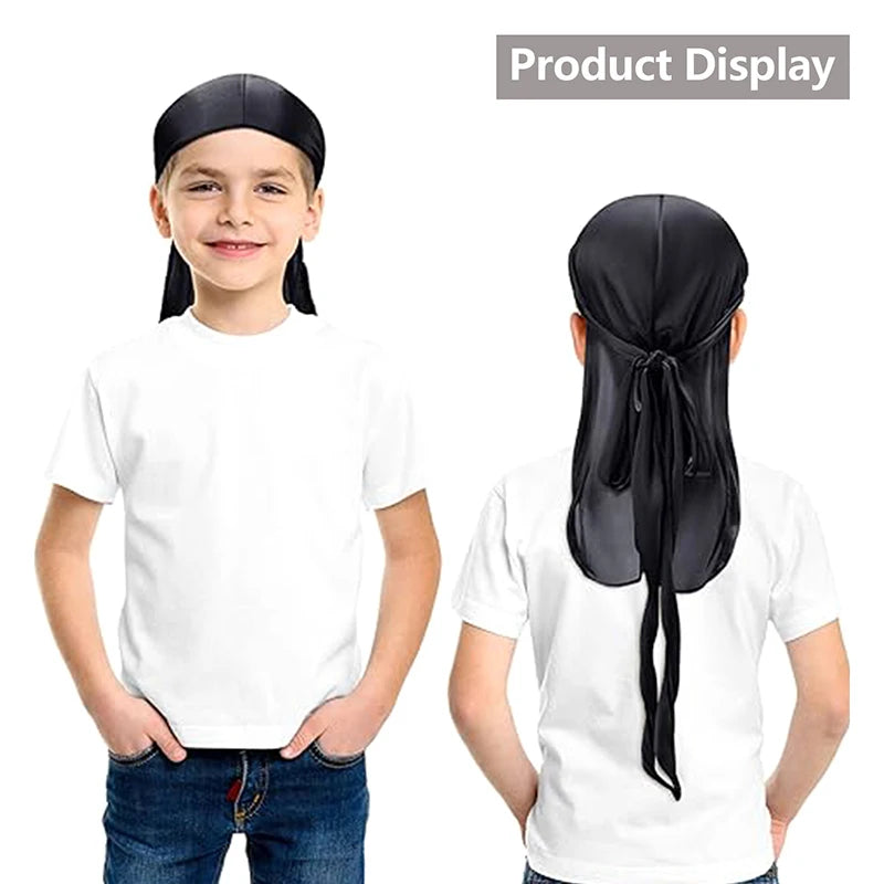 ZZ Silky Durag For Kids Boys Adult Long Tailed Pirate Hat Hip-Hop Bandanas Doo Rag Turban Waves Cap Headwear Pre-Tied Headwrap