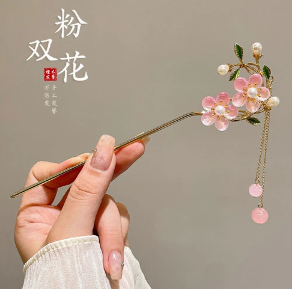 Elegant Chinese Style Hair Accessories Vintage Spring Flower Element Hairpins Light Luxury Tassel Hair Stick For Women Girls