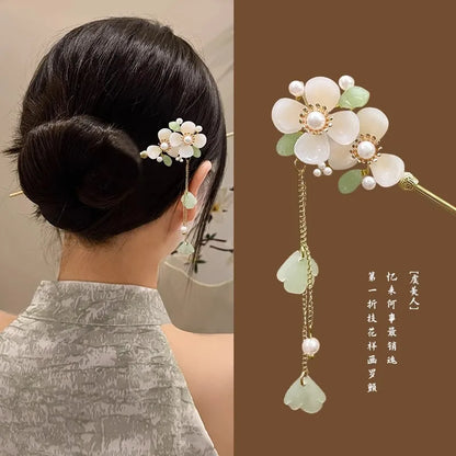 Elegant Chinese Style Hair Accessories Vintage Spring Flower Element Hairpins Light Luxury Tassel Hair Stick For Women Girls