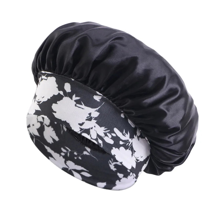 Women's Satin Solid Sleeping Hat Night Sleep Hair Care Bonnet Nightcap Silky Shower Caps Elastic Flower Print Band Unisex Cap