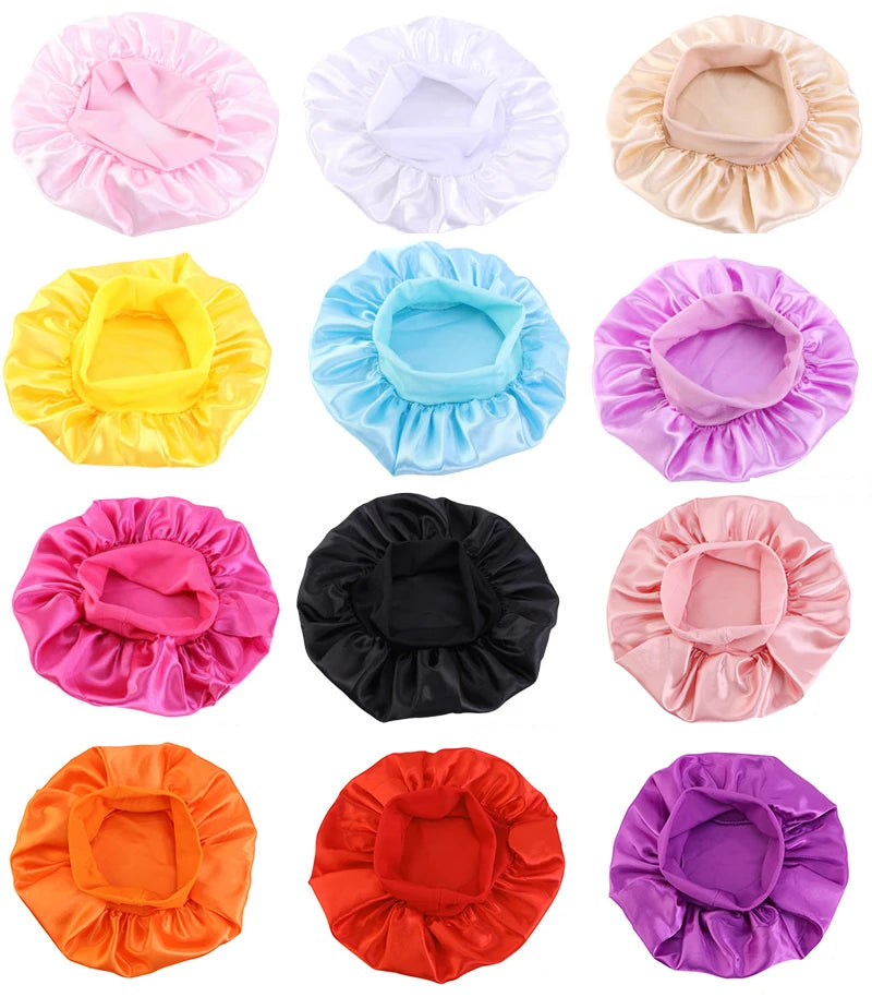 3pcs/lot Baby Stertchy Band Stain Bonnet Silk Wide Band Sleeping Cap Kids Turban Night Hat Care Beanie Silky Solid Color Turban