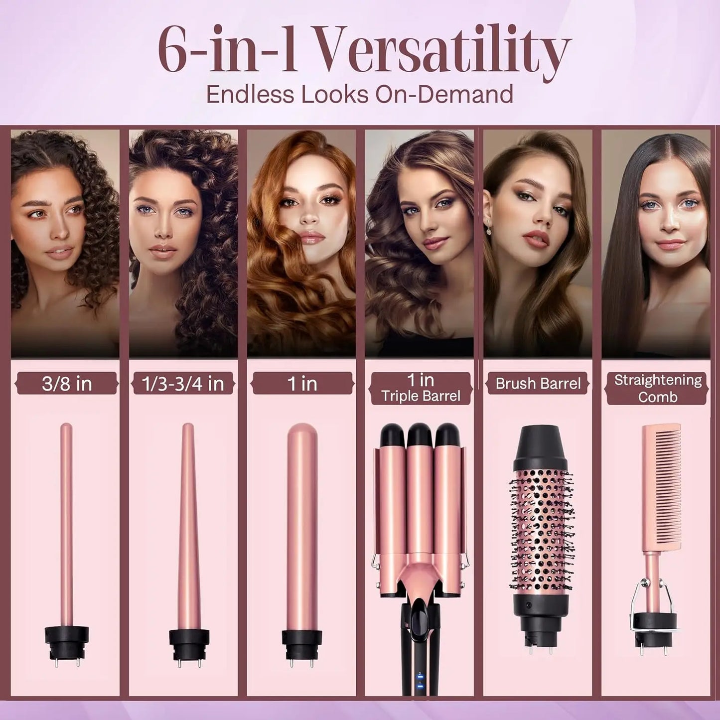 Curling Iron Wand Set 6-in-1 Hair Curler with 3 Barrel Hair Crimper, Spiral Curling Iron - Fast Heating Styling Tools for Women