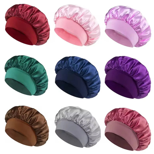 Women Satin Bonnet Hair Bonnet for Sleeping Hair Care Silk Bonnets Solid Wide-brimmed Sleeping Hat with Elastic Soft Band