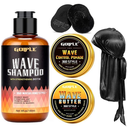 Wave Pomade 360 Wash Shampoo Kit for Men Black Strong Hold Deep Sport Waves Training Hair Cream Wavy Layered Control Silky Shine