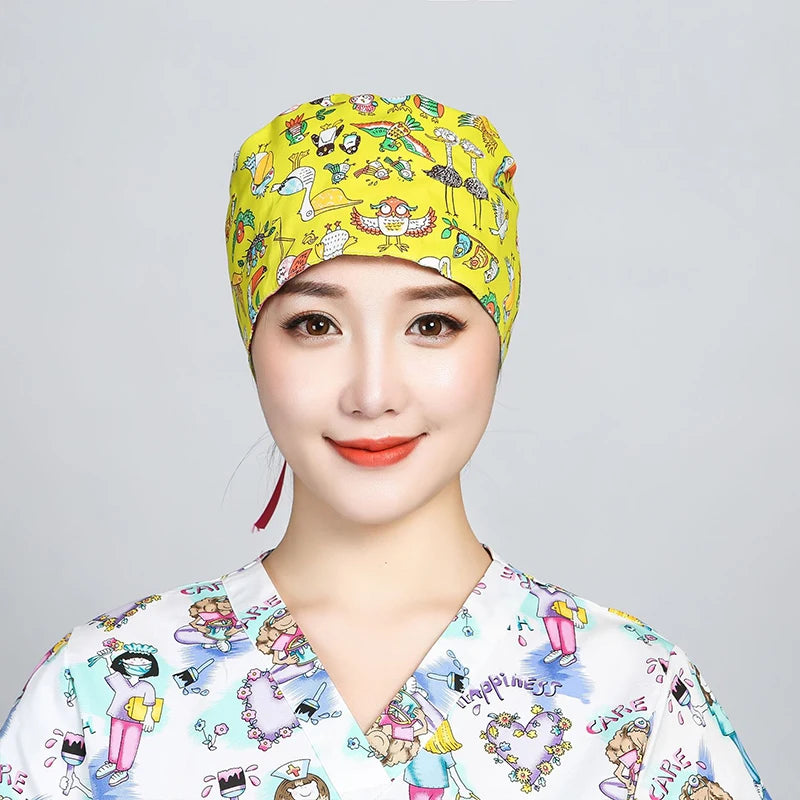 Printed Surgical Cap Scrub Cotton With Button Doctor Wrap Long Hair Adjustable Lace-up Women Beauty Care Hospital Accessories