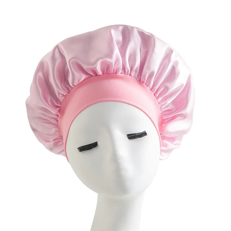 Women's Satin Solid Bonnets Wide-brimmed Night Sleeping Bathing Hat Unisex Head Wrap Elastic Band Cap Hair Care Bonnet