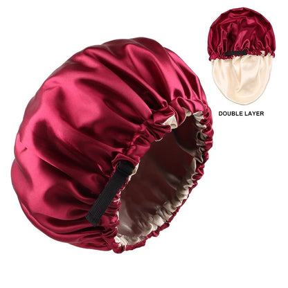 Adjustable Double Layer Satin Bonnet Nightcap Doubleside Women Round Shower Caps Night Sleep Soft Smooth Hat Solid Black Lining