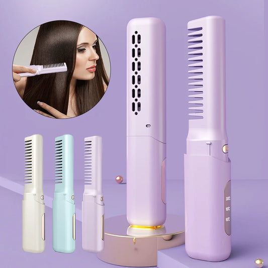2-in-1 Wireless Hair Hot Comb Portable Mini Type-C Rechargeable Hair Straightener Fast Heating Hair Straightening Styling Tool