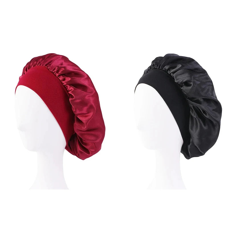 Women Satin Bonnet Hair Bonnet for Sleeping Hair Care Silk Bonnets Solid Wide-brimmed Sleeping Hat with Elastic Soft Band
