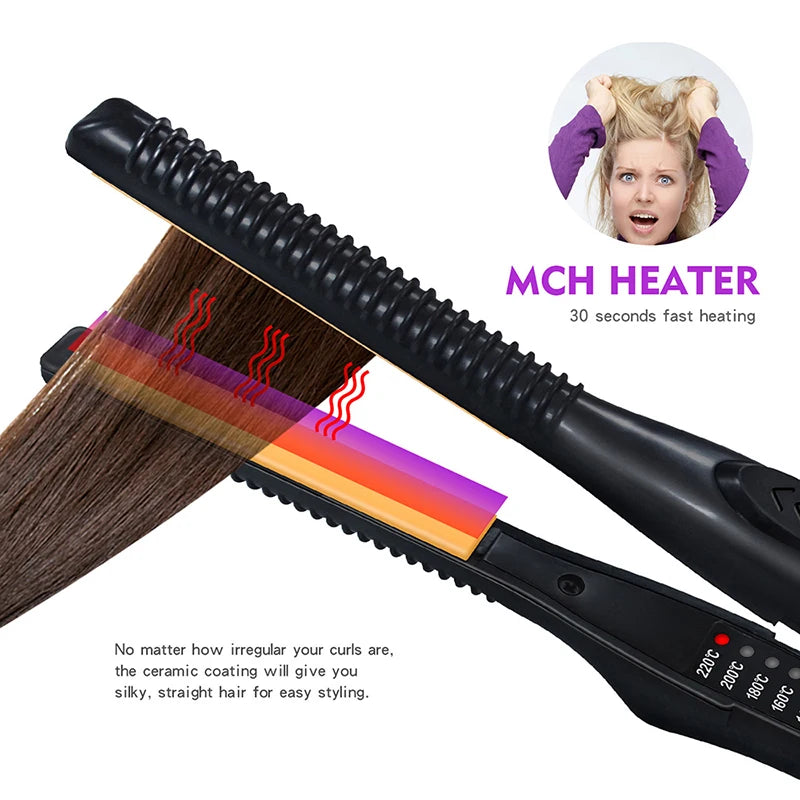 Professional Ceramic Flat Iron 2 in 1 Hair Straightener Short Hair Fluffy Pencil Hair Curler