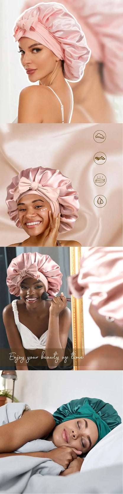 New Silk Bonnet for Sleeping Women Satin Bonnet Hair Bonnet night sleep cap scarf wrap for curly hair With Tie Band for Curly Gi
