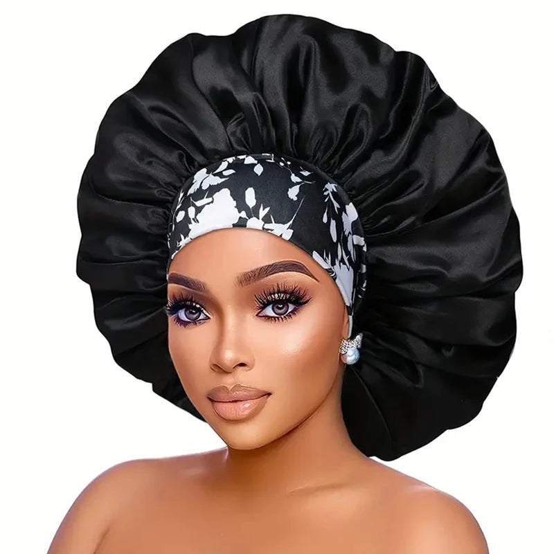 Women Extra Large Silky Satin Hair Bonnet Thick Hair Sleep Cap Elastic Band Beanie African Headwrap Flower Turban Chemo Caps