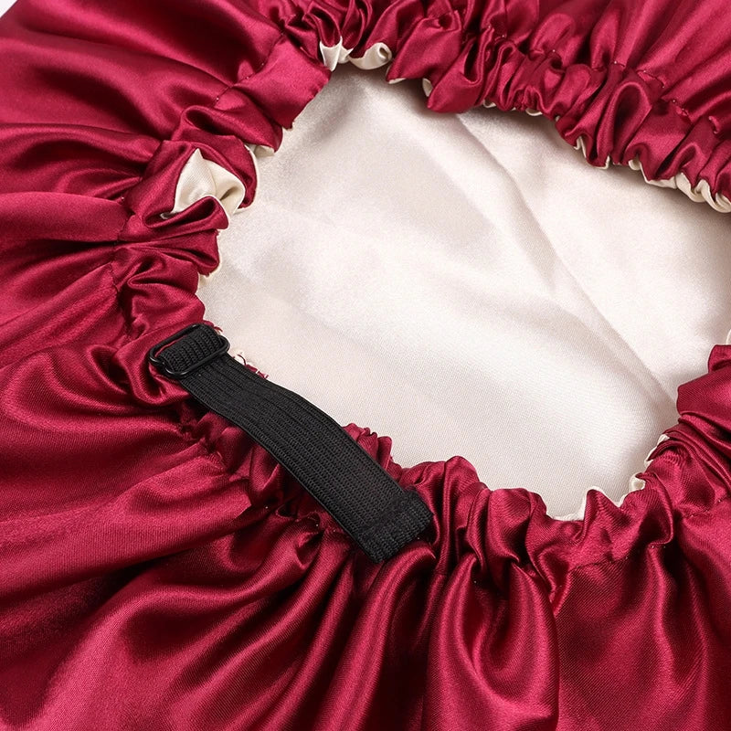 Adjustable Double Layer Satin Bonnet Nightcap Doubleside Women Round Shower Caps Night Sleep Soft Smooth Hat Solid Black Lining