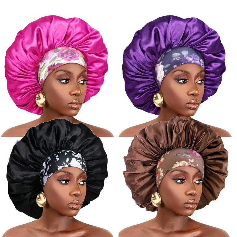 Women Extra Large Silky Satin Hair Bonnet Thick Hair Sleep Cap Elastic Band Beanie African Headwrap Flower Turban Chemo Caps