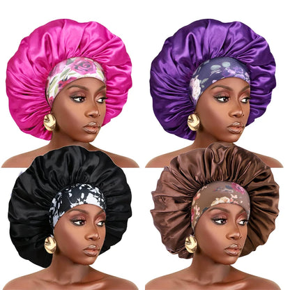 Women Extra Large Silky Satin Hair Bonnet Thick Hair Sleep Cap Elastic Band Beanie African Headwrap Flower Turban Chemo Caps