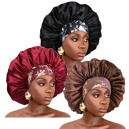 Women Extra Large Silky Satin Hair Bonnet Thick Hair Sleep Cap Elastic Band Beanie African Headwrap Flower Turban Chemo Caps