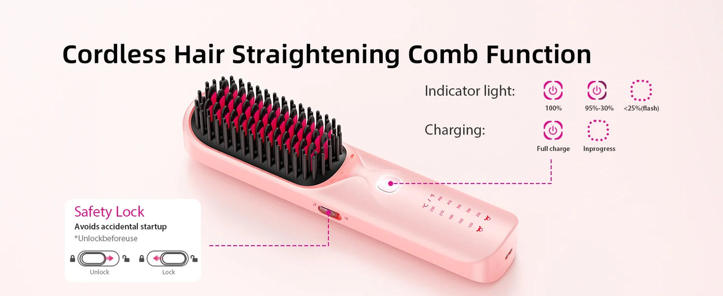 Cordless Hair Straightener Portable Brush 30s Fast Heating 10000mAh Rechargeable 300 Million Negative Ions Straightening Comb