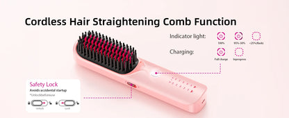 Cordless Hair Straightener Portable Brush 30s Fast Heating 10000mAh Rechargeable 300 Million Negative Ions Straightening Comb