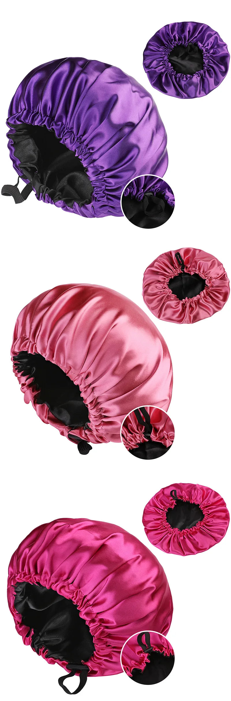 Adjustable Double Layer Satin Bonnet Nightcap Doubleside Women Round Shower Caps Night Sleep Polyester Hat Solid Black Lining