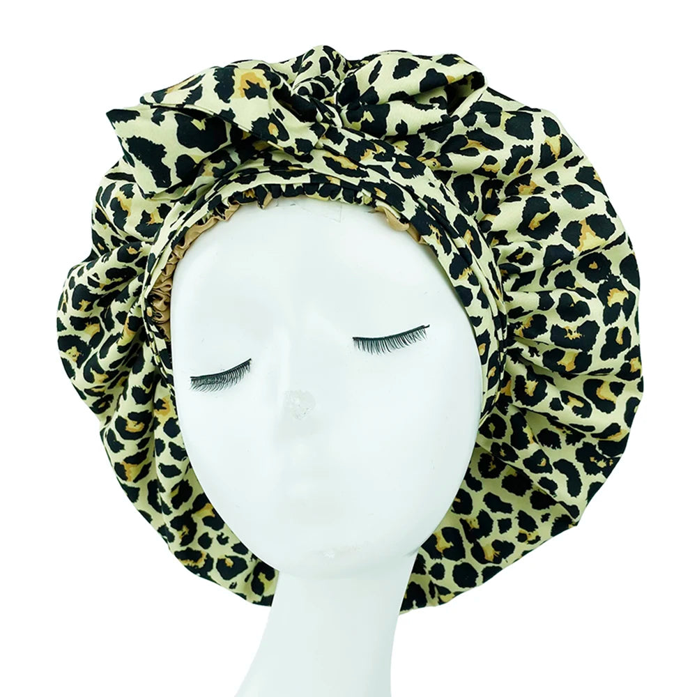 Elastic Band Large Satin Bonnet Sleeping Cap Women African Pattern Ankara Print Hat Adjustable Night Sleep Cap Soft Headcover