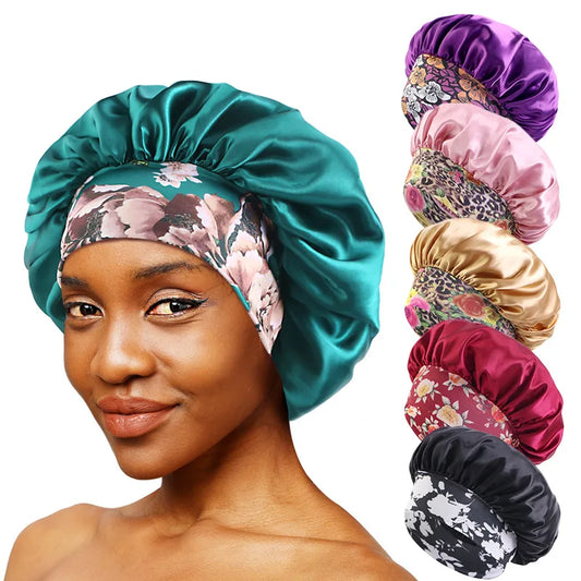 Women's Satin Solid Sleeping Hat Night Sleep Hair Care Bonnet Nightcap Silky Shower Caps Elastic Flower Print Band Unisex Cap