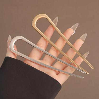 U-Shaped Hair Fork Elegant Golden Silver-color Alloy Long Thick Hair Updo Bun French Hairpin Stick Women Girls Hair Accessories