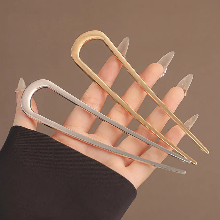 U-Shaped Hair Fork Elegant Golden Silver-color Alloy Long Thick Hair Updo Bun French Hairpin Stick Women Girls Hair Accessories