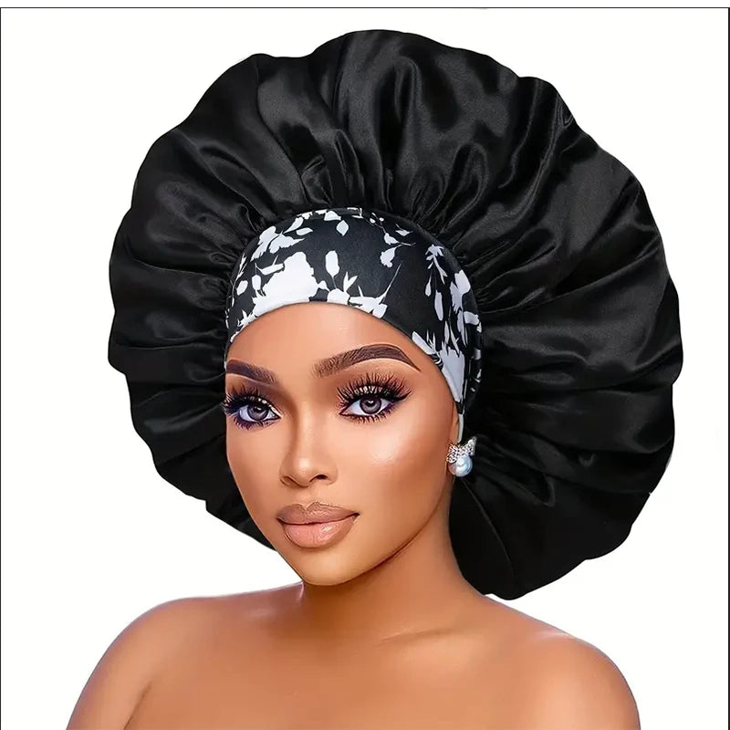 Women Extra Large Silky Satin Hair Bonnet Thick Hair Sleep Cap Elastic Band Beanie African Headwrap Flower Turban Chemo Caps