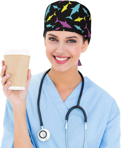 Japanese Wave Cherry Blossoms Working Cap Scrub Cap with Sweatband Adjustable Unisex Women Tie Back Hat Nurse  Caps