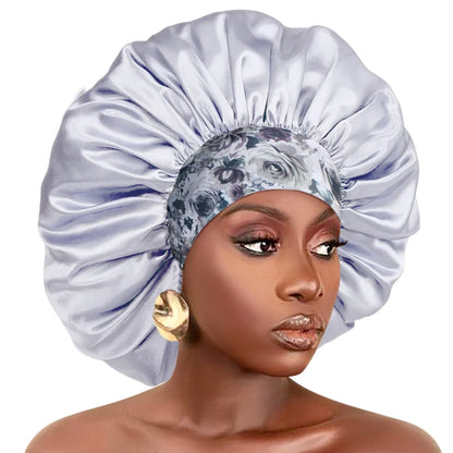 Women Extra Large Silky Satin Hair Bonnet Thick Hair Sleep Cap Elastic Band Beanie African Headwrap Flower Turban Chemo Caps