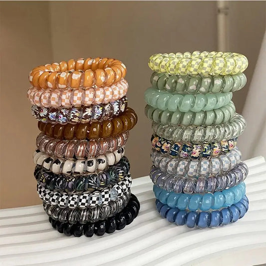 5pcs Set Telephone Cord Scrunchies Spiral Hair Ties Gradient Color Checkered Print Phone Cord Elastic Hair Band Hair Accessories