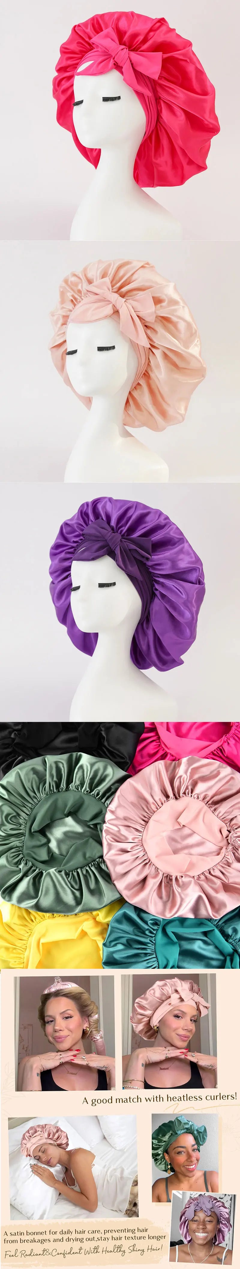 New Silk Bonnet for Sleeping Women Satin Bonnet Hair Bonnet night sleep cap scarf wrap for curly hair With Tie Band for Curly Gi