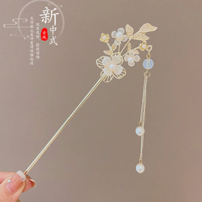 Elegant Chinese Style Hair Accessories Vintage Spring Flower Element Hairpins Light Luxury Tassel Hair Stick For Women Girls