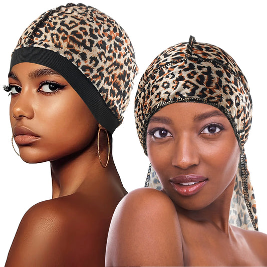 Unisex 2PCS/Set Printed Wave Caps With Durag for Men Women Head Wrap Beanie Turban Cap Headwrap Bonnet Hair Accessories Bandanas