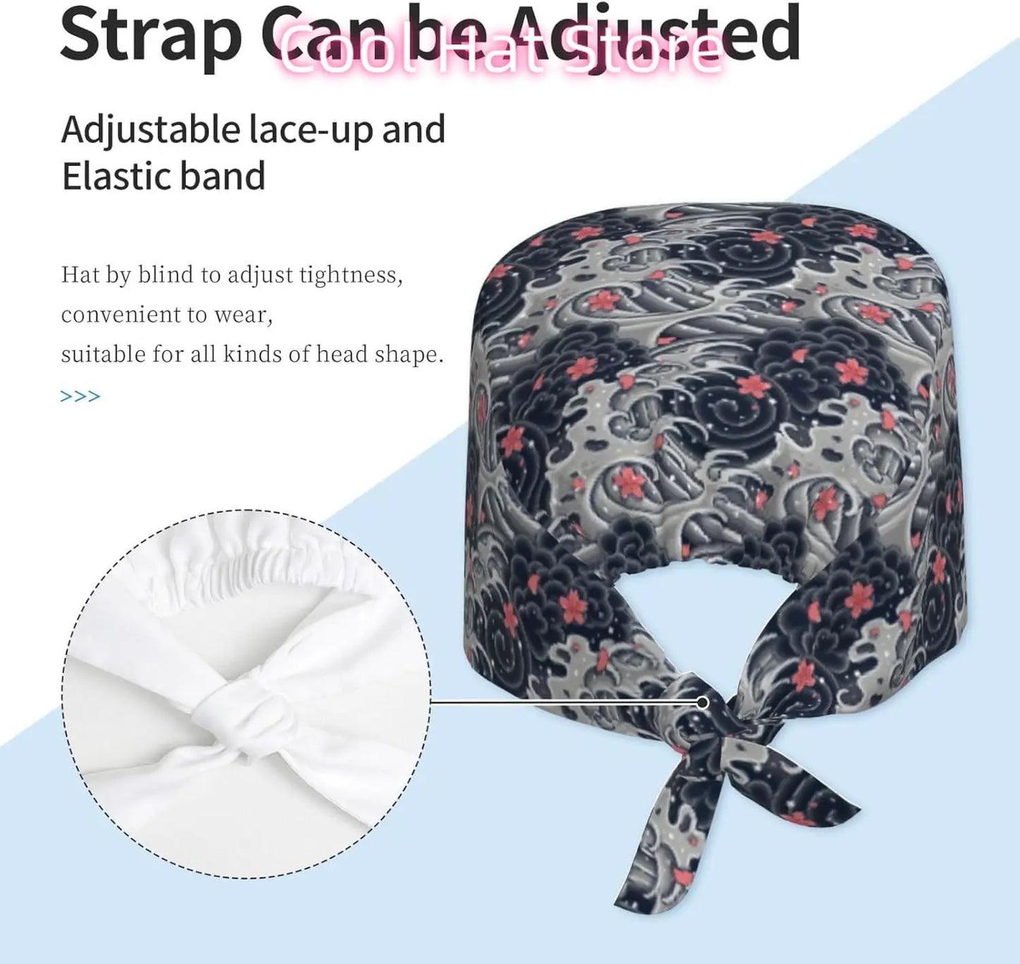 Japanese Wave Cherry Blossoms Working Cap Scrub Cap with Sweatband Adjustable Unisex Women Tie Back Hat Nurse  Caps