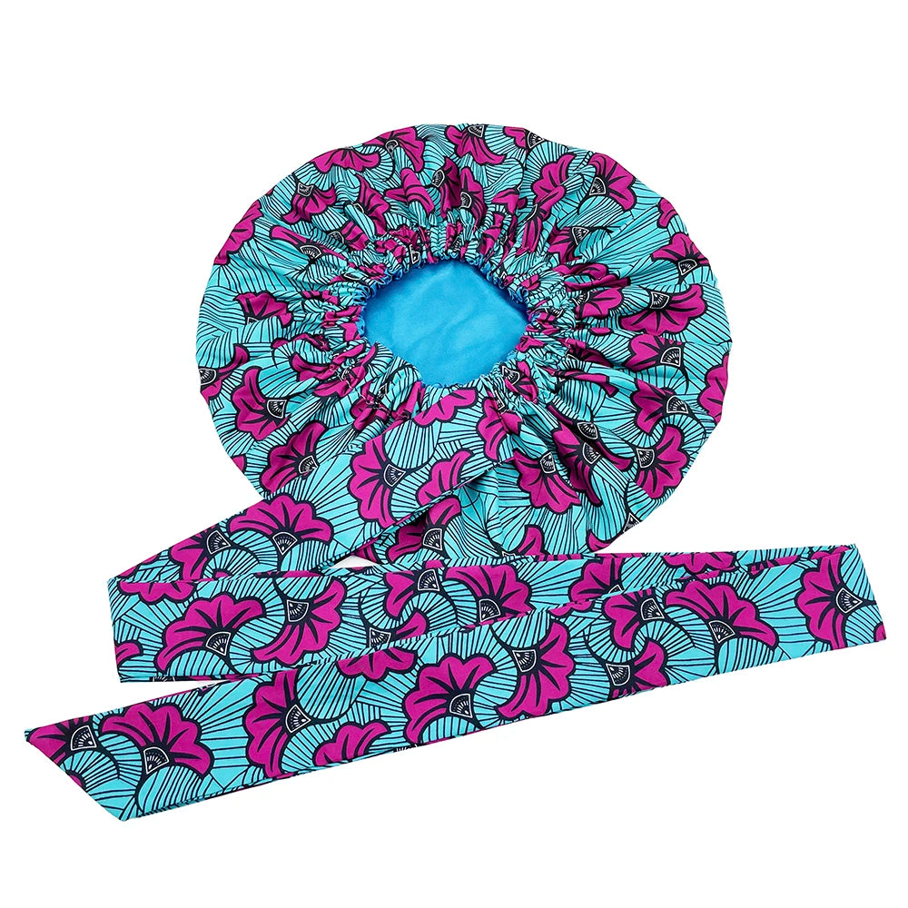 Elastic Band Large Satin Bonnet Sleeping Cap Women African Pattern Ankara Print Hat Adjustable Night Sleep Cap Soft Headcover