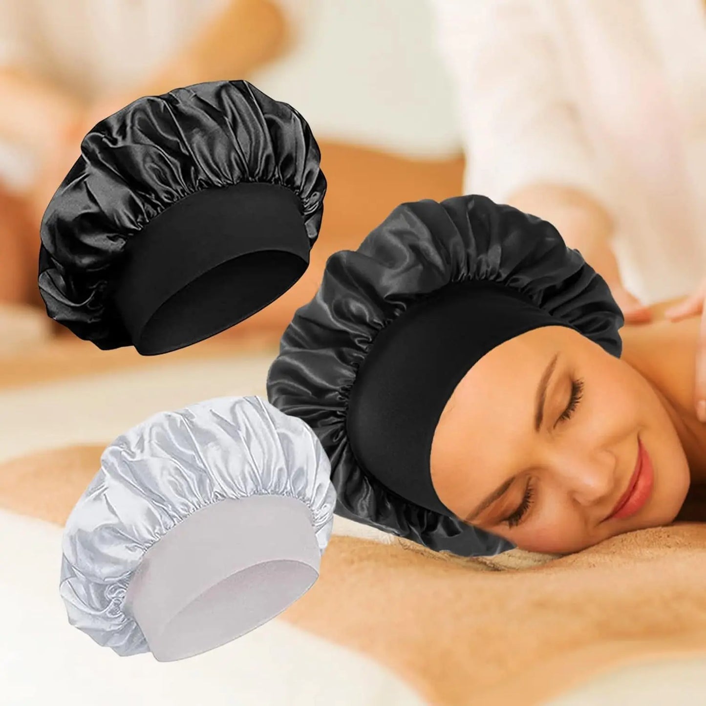 Women Satin Bonnet Hair Bonnet for Sleeping Hair Care Silk Bonnets Solid Wide-brimmed Sleeping Hat with Elastic Soft Band