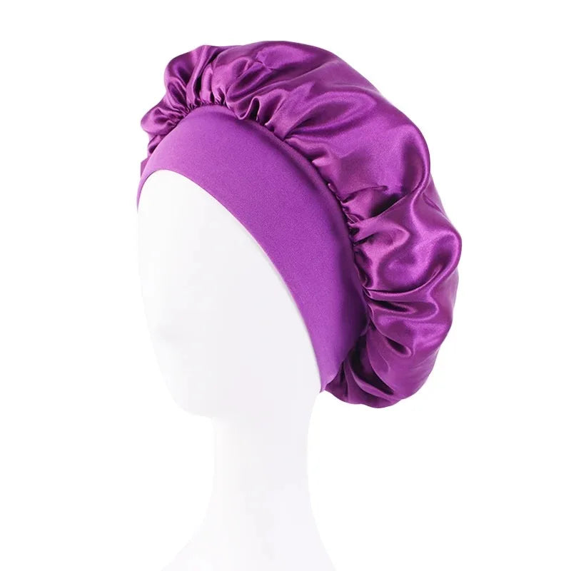 Women Satin Bonnet Hair Bonnet for Sleeping Hair Care Silk Bonnets Solid Wide-brimmed Sleeping Hat with Elastic Soft Band