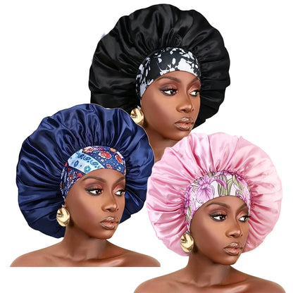 Women Extra Large Silky Satin Hair Bonnet Thick Hair Sleep Cap Elastic Band Beanie African Headwrap Flower Turban Chemo Caps