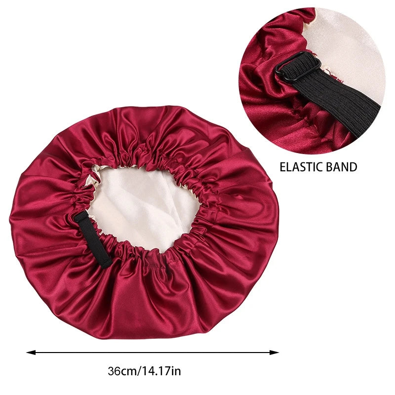 Adjustable Double Layer Satin Bonnet Nightcap Doubleside Women Round Shower Caps Night Sleep Soft Smooth Hat Solid Black Lining
