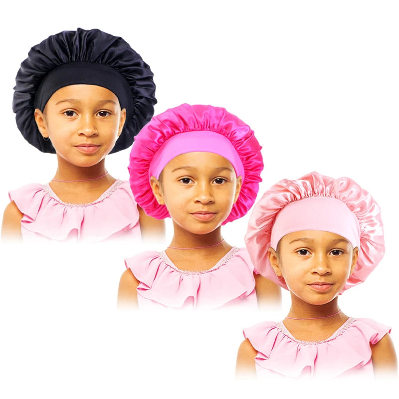 3pcs/lot Baby Stertchy Band Stain Bonnet Silk Wide Band Sleeping Cap Kids Turban Night Hat Care Beanie Silky Solid Color Turban
