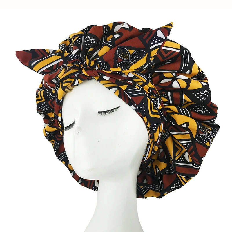 Elastic Band Large Satin Bonnet Sleeping Cap Women African Pattern Ankara Print Hat Adjustable Night Sleep Cap Soft Headcover