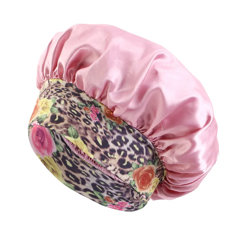 Women's Satin Solid Sleeping Hat Night Sleep Hair Care Bonnet Nightcap Silky Shower Caps Elastic Flower Print Band Unisex Cap