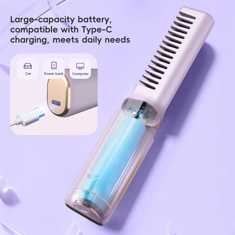 2-in-1 Wireless Hair Hot Comb Portable Mini Type-C Rechargeable Hair Straightener Fast Heating Hair Straightening Styling Tool