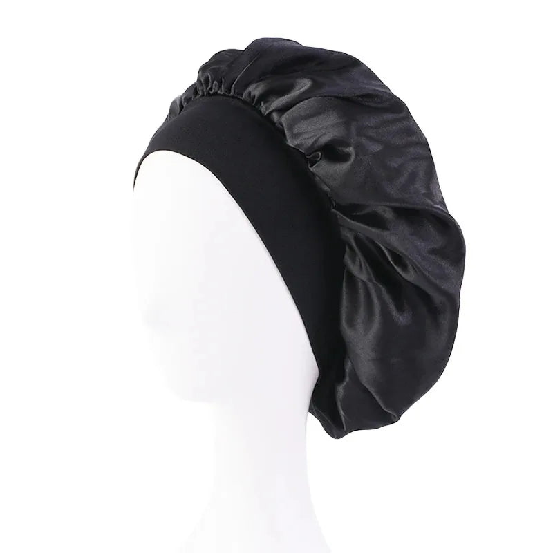 Women Satin Bonnet Hair Bonnet for Sleeping Hair Care Silk Bonnets Solid Wide-brimmed Sleeping Hat with Elastic Soft Band