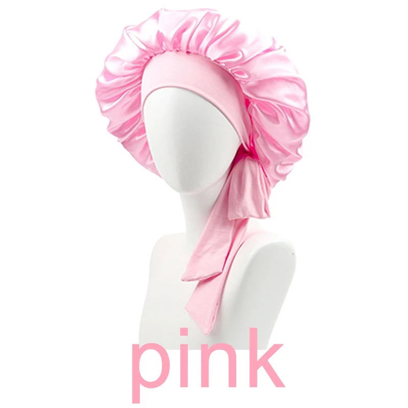 New Silk Bonnet for Sleeping Women Satin Bonnet Hair Bonnet night sleep cap scarf wrap for curly hair With Tie Band for Curly Gi