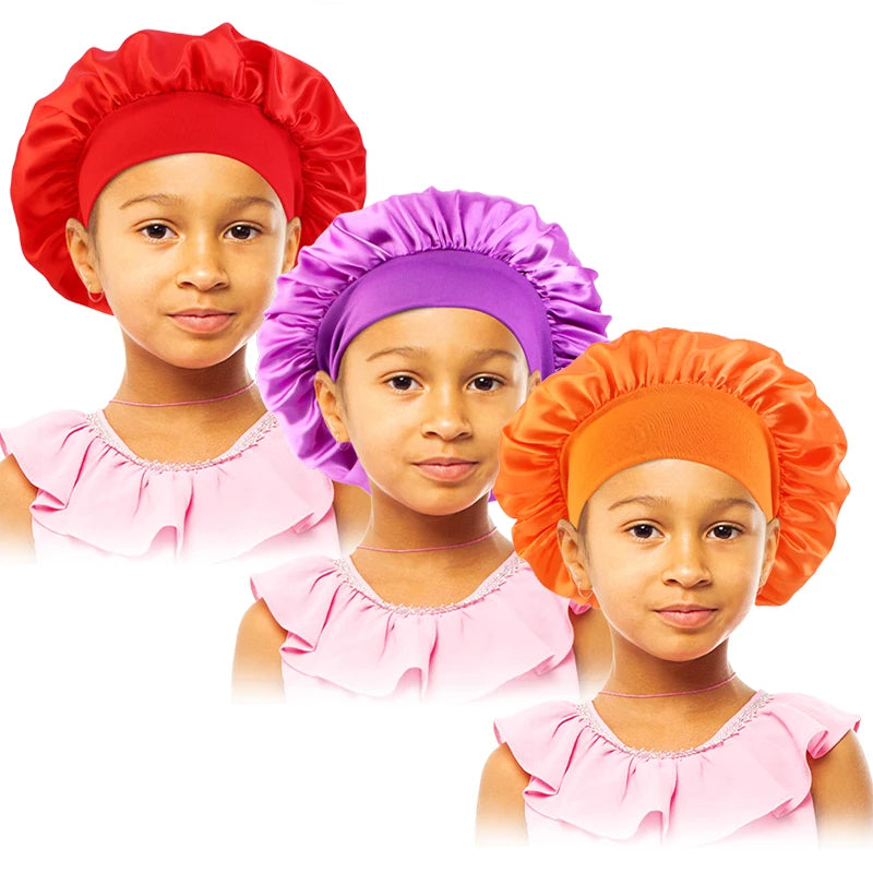 3pcs/lot Baby Stertchy Band Stain Bonnet Silk Wide Band Sleeping Cap Kids Turban Night Hat Care Beanie Silky Solid Color Turban