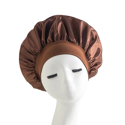 Women's Satin Solid Bonnets Wide-brimmed Night Sleeping Bathing Hat Unisex Head Wrap Elastic Band Cap Hair Care Bonnet